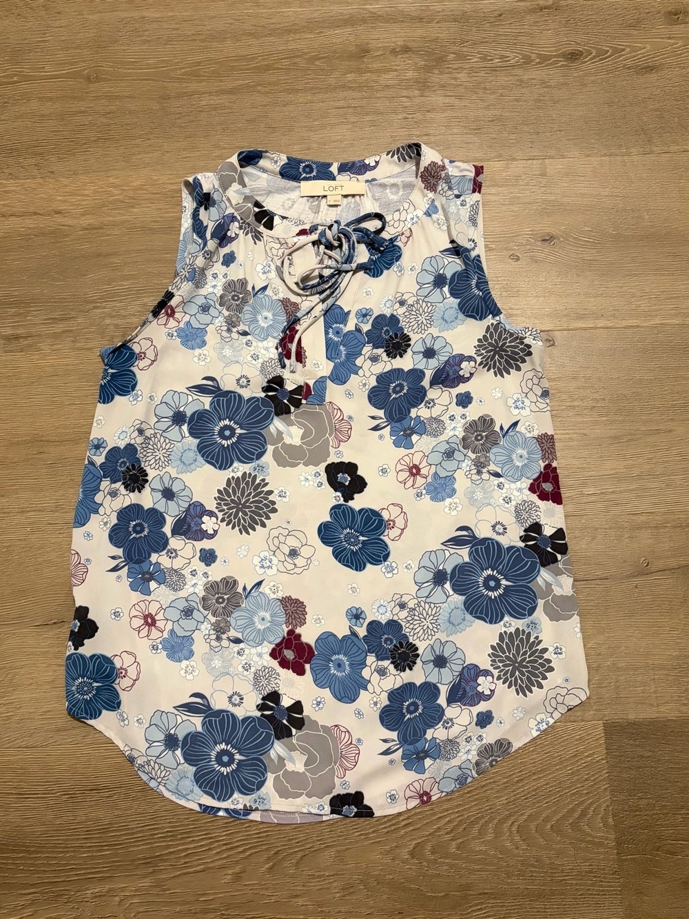 LOFT Floral Tie-Neck Shell - Blue, Ivory & Navy Accents